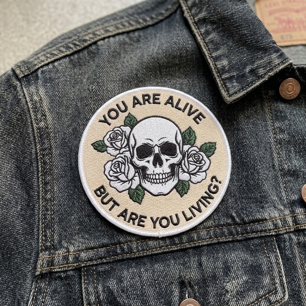 Embroidered patch with “You Are Alive But Are You Living?” slogan. Round skull-and-rose design;