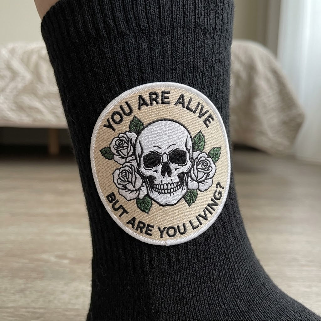 Embroidered patch with “You Are Alive But Are You Living?” slogan. Round skull-and-rose design;